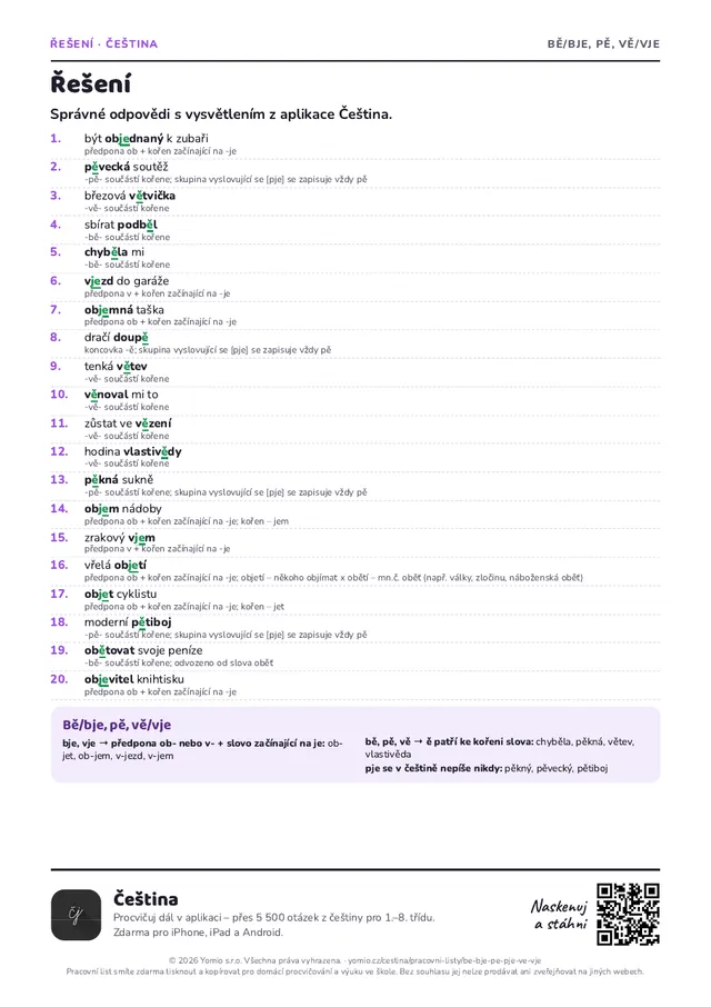 Řešení pracovního listu Bě/bje, pě, vě/vje