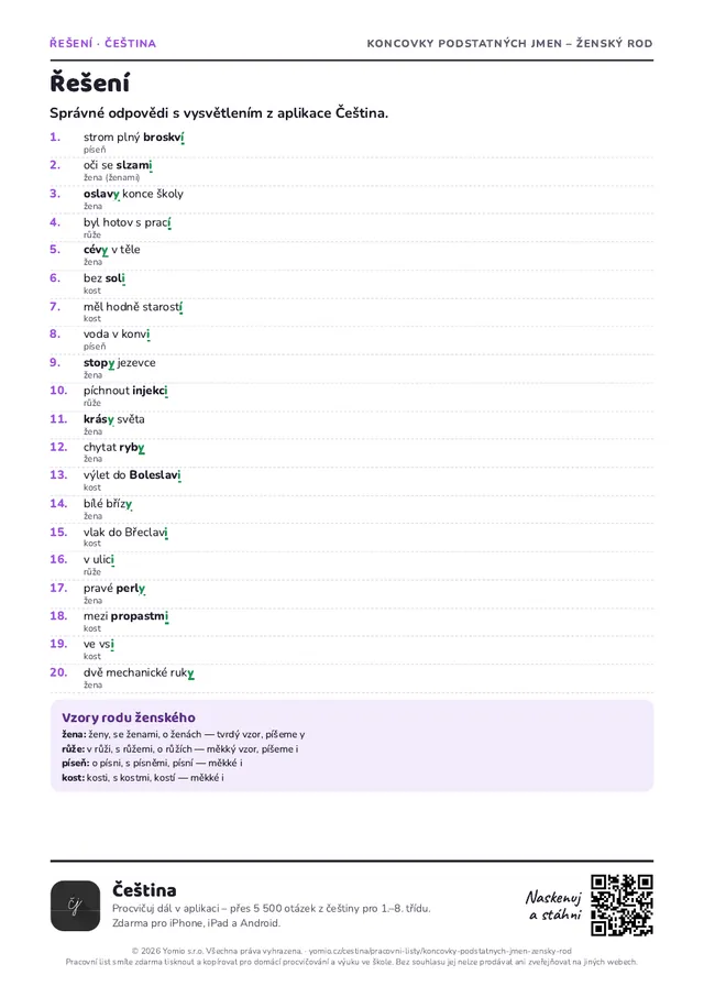 Řešení pracovního listu Koncovky podstatných jmen – ženský rod