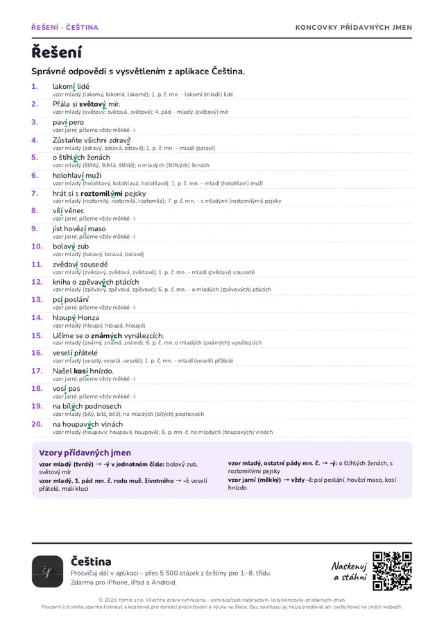 Řešení pracovního listu Koncovky přídavných jmen