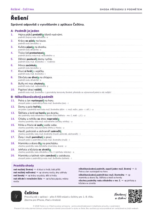 Řešení pracovního listu Shoda přísudku s podmětem
