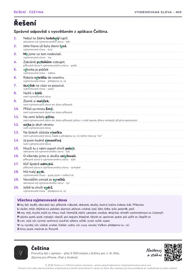 Řešení pracovního listu Vyjmenovaná slova – mix
