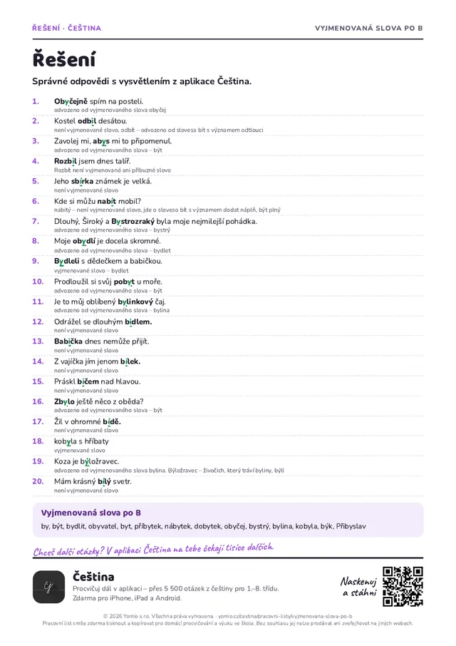 Řešení pracovního listu Vyjmenovaná slova po B