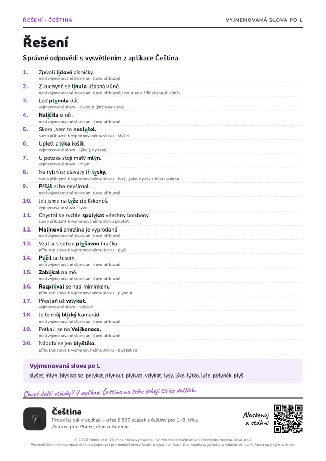 Řešení pracovního listu Vyjmenovaná slova po L