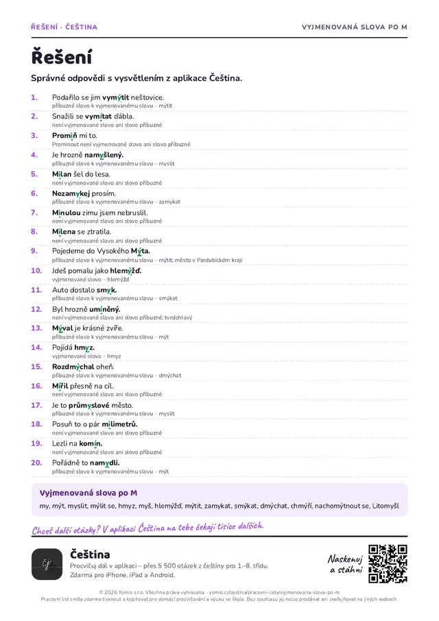 Řešení pracovního listu Vyjmenovaná slova po M
