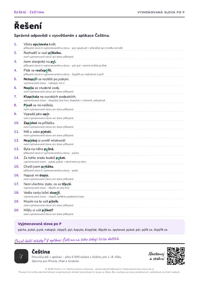 Řešení pracovního listu Vyjmenovaná slova po P