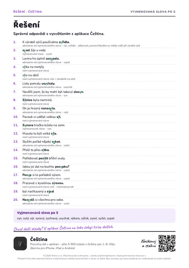 Řešení pracovního listu Vyjmenovaná slova po S