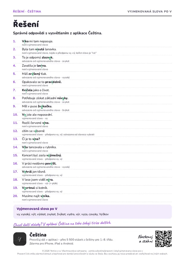Řešení pracovního listu Vyjmenovaná slova po V