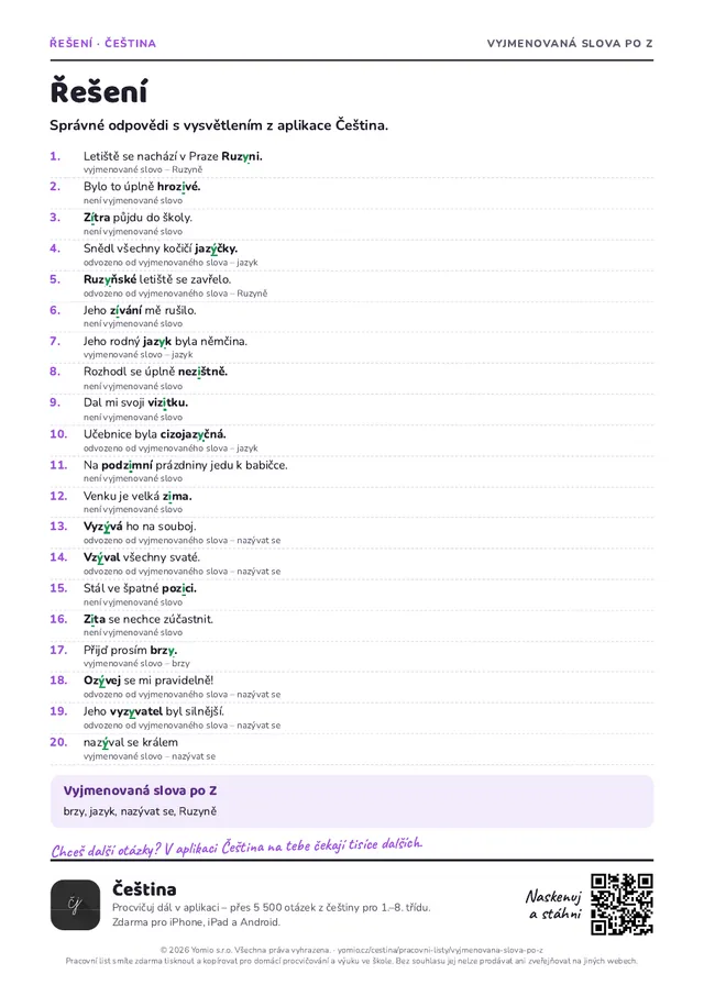 Řešení pracovního listu Vyjmenovaná slova po Z