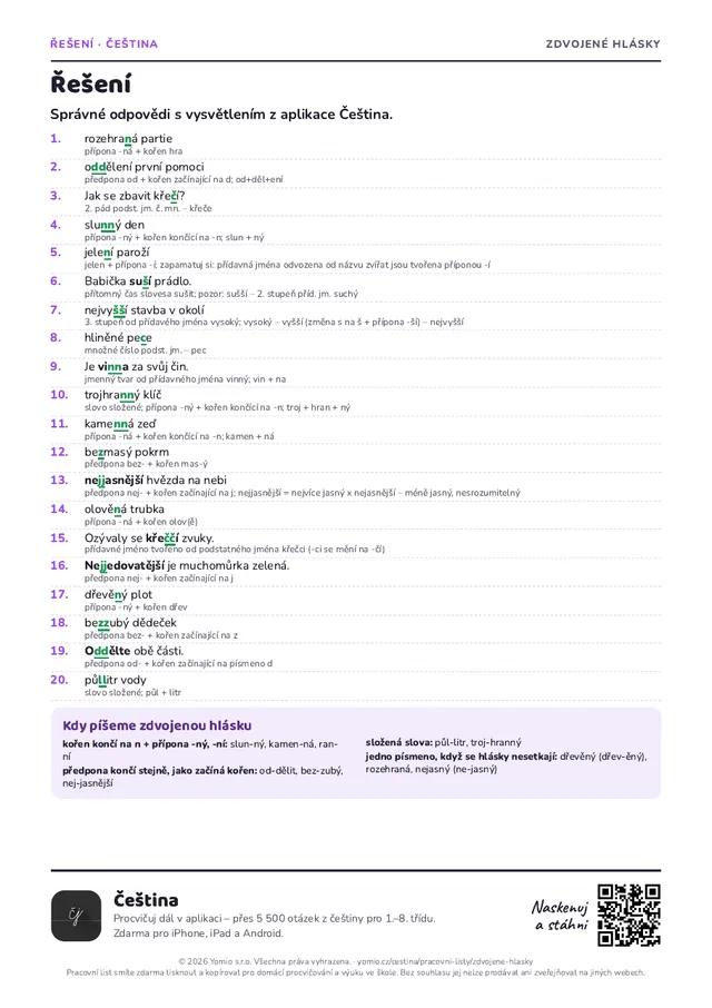 Řešení pracovního listu Zdvojené hlásky